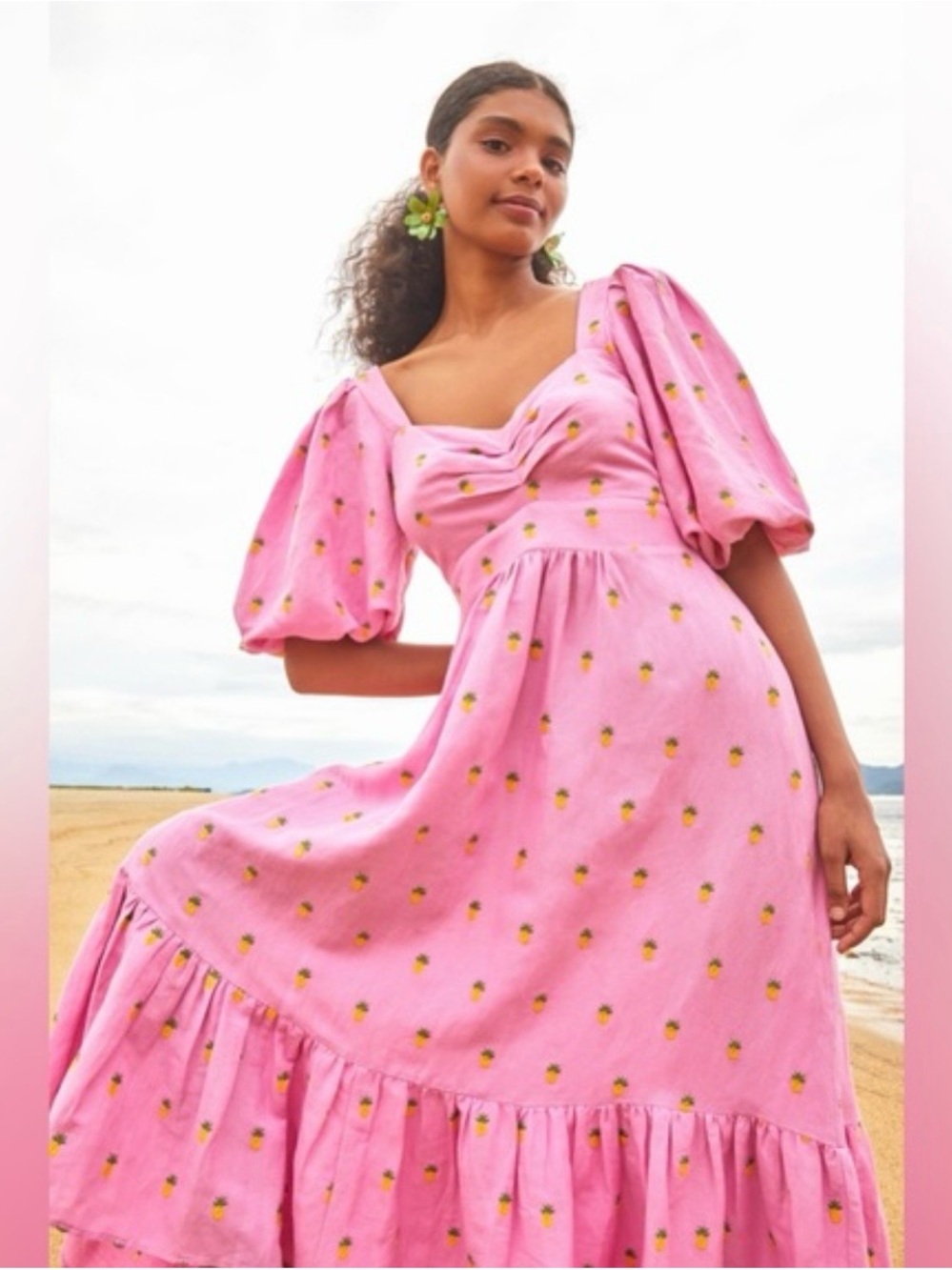 FARM Rio Pink Embroidered Pineapples Puff Sleeves Midi Dress. 
